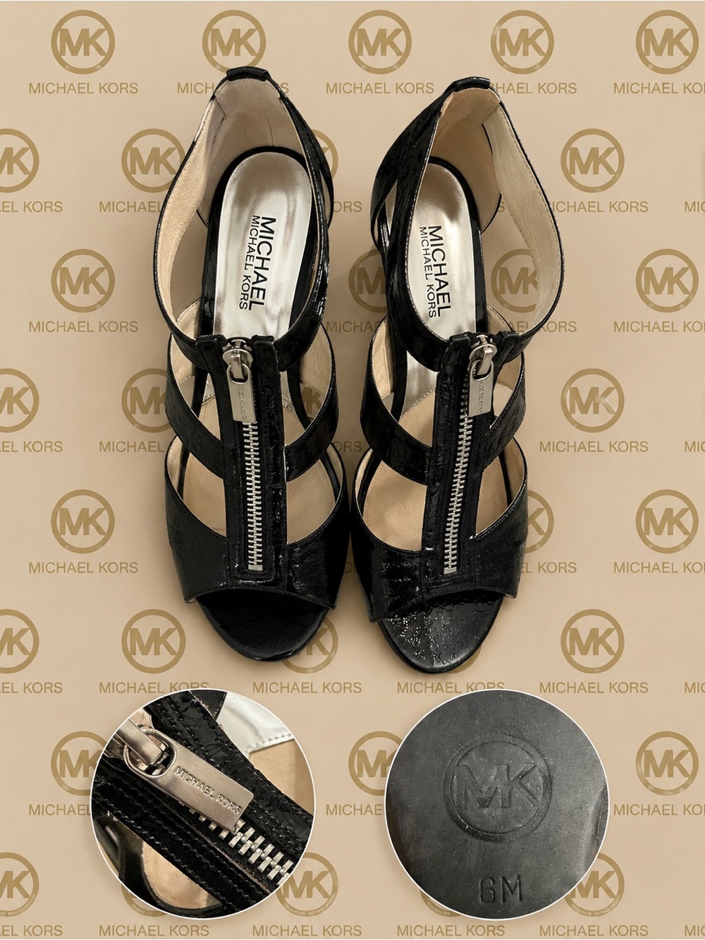 Michael Kors Black Patent T-Strap Zip Heels - Picture 2 of 3
